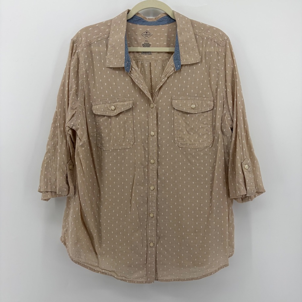 St Johns Bay Womens Tan Dot Print Button Up Shirt Tunic Top XXL